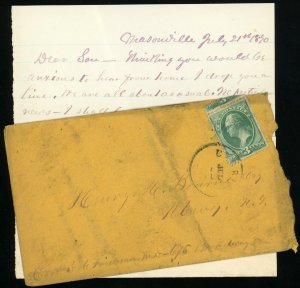 USA Masonville 3c Postage  George Washington Cover with Letter 1870 New York