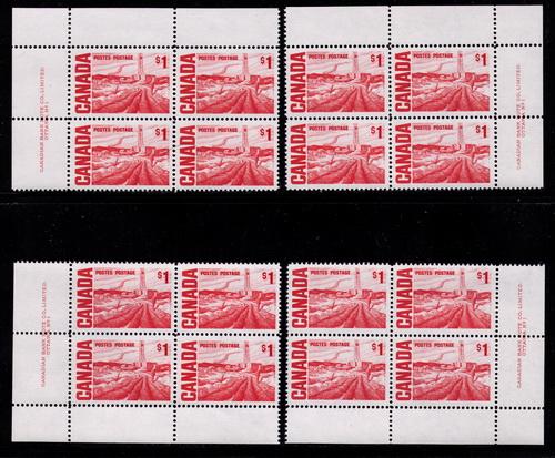 Canada # 465B  Mint VF NH  M/S  plate 1 blocks  Cat $ 160