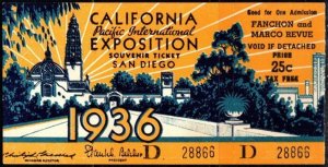 1936 US Admission Ticket California Pacific International Exposition San Diego