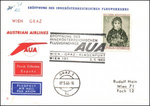 Austria Austrian Airlines Innsbruck to Vienna 1963 1st Flight Cover