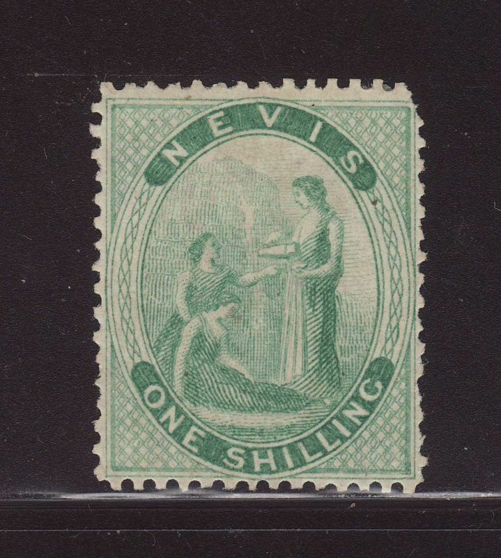 1878 Nevis 1/- Pale Green Perf 15 Mounted Mint SG20