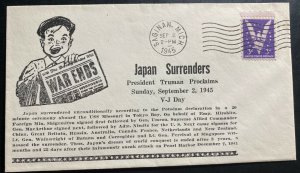 1945 Saginaw MI USA Patriotic Cover War Ends Japan Surrenders