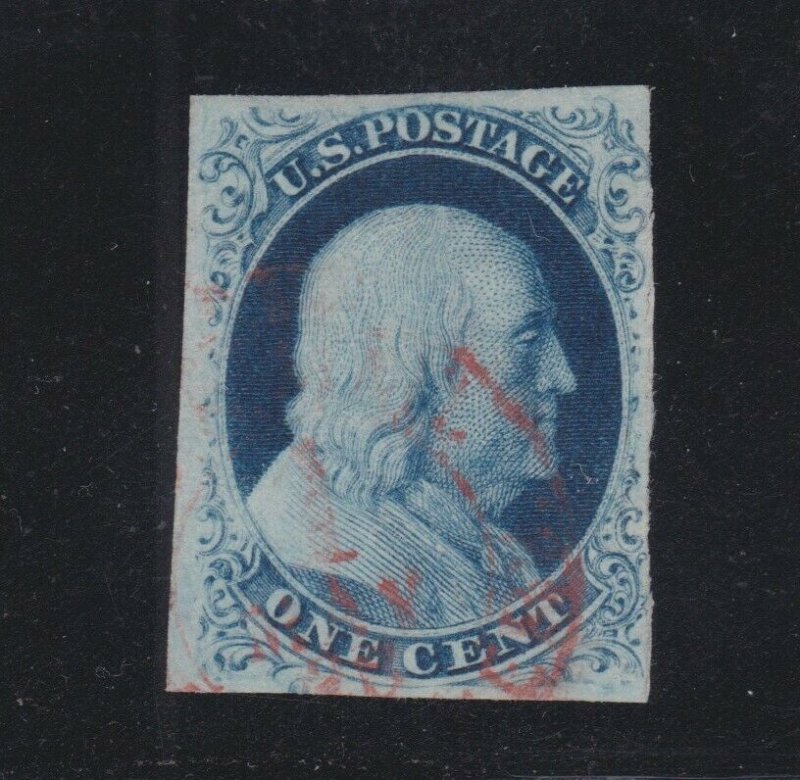 US 8a 5c Franklin Used VF Plate 4 w/ Red Carrier Cancel & PSE Cert SCV $1375