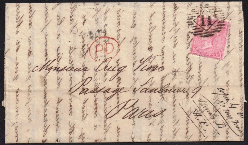 GB 1857 4d sg 66a used wrapper 11 [Enfield] [31 Oct 1860] to Paris 1 Nov 1860*