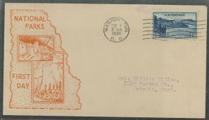 US 745 (1934) 6c Crater lake(part of the National park series) single on an addressed(typed) fidrst day cover with a Roessler ca