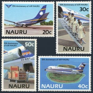 Nauru 303-306, no gum. Mi 302-305. Air NAURU,15th Ann.1985.Jet,Crew,Fokker F28,