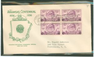 US 782 1936 3c Arkansas Centennial (block of four) on an addressed first day cover with a Centennial Commission cachet.