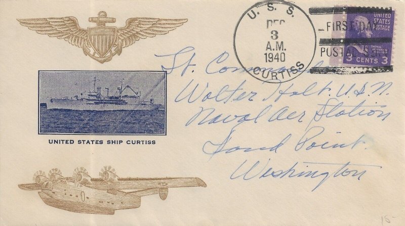 1940 USS Curtiss AV-4, 1st Day Postal Service to NAS Sand Point, Wa (N17030)