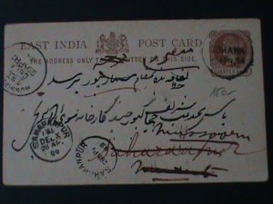 EAST INDIA-1854-QUEEN VICTORIA PRE PAID  POSTCARD -FANCY CANCEL-VF-170-YEARS OLD