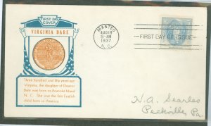 US 796 1937 5c Virginia Dare Commemorative (single) on an addressed FDC with an loor cachet