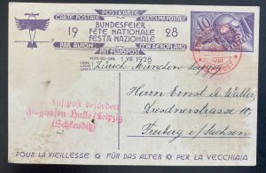 1928 Zurich Switzerland Airmail Postcard cover To Freiberg Germany Aviation Fair