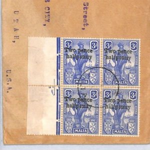 MALTA KGV Cover 2½d/3d Surcharge *BLOCK FRANKING* Registered 1926 USA Utah YW48