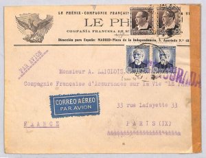 SPAIN Air Mail PHEONIX Cover Madrid *SPANISH CIVIL WAR* CENSOR 1937 Paris YG182