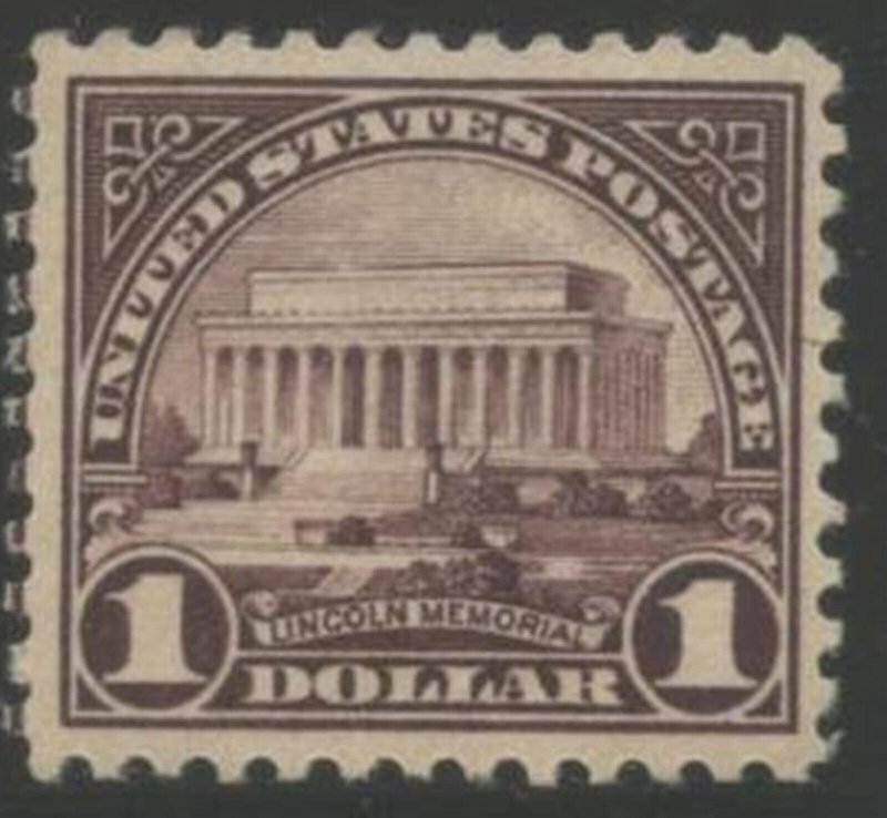 US Sc#571 1922-25 $1 Lincoln Memorial Flat Plate Printing Perf 11 F-VF OG MH