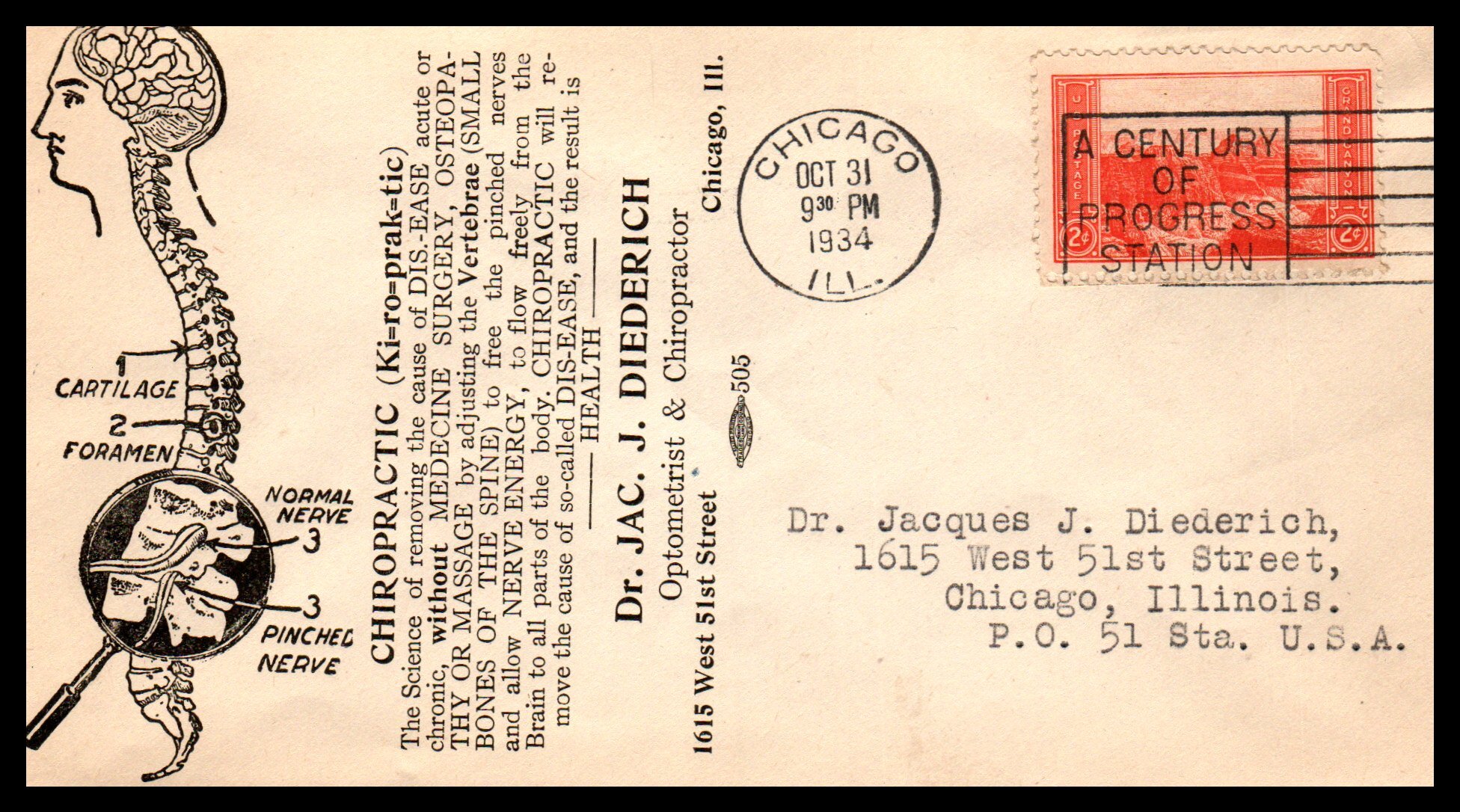 US Drt Jac J Diederich,Chiropractor,Chicago,IL 1934 Cover United