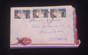 D)1974, URUGUAY, AIR MAIL LETTER SENT TO SPAIN, WITH 3 STAMPS ANNIVERSARY OF