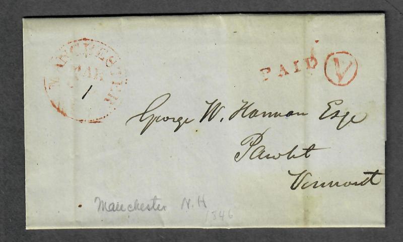 Manchester NH March 30 1846 Contents Paid V Circle Stampless Cover