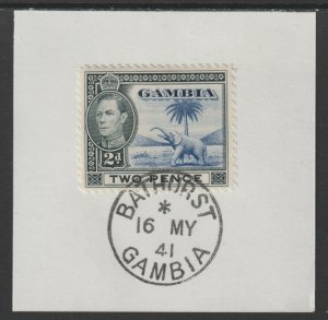 GAMBIA 1938 KG6 ELEPHANT & PALM  2d  on piece with MADAME JOSEPH  POSTMARK