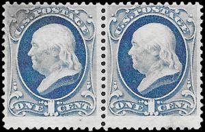 1870 US SC # 156 USED PAIR NHog F JUMBO LIGHT FACE FREE CANCEL - VERY SOUND