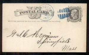 1877 EDWARDSPORT, IND. and RAILROAD TRACK fancy cancel in blue on 1¢ card, VF