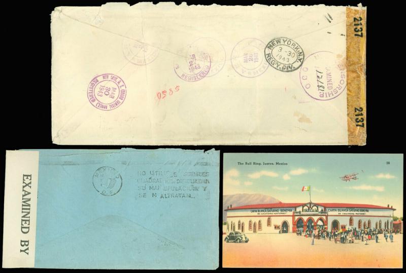 1942-3 WWII LOT/3 Censored, MEXICO to NEW YORK, Bull Ring PPC, Registered Label
