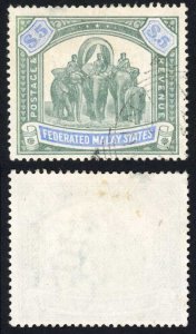 Federated Malay States SG25a Five Dollar Green and Pale Ultramarine Crown CC