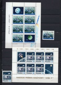 POLAND 1971 SPACE SET OF 2 STAMPS & 2 SHEETS OF 6 STAMPS & 2 LABELS MNH