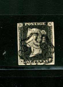 Great Britain #1 (G017) Penny Black, plate #3, NG, used, FVF, CV$375.00