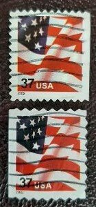 US Scott # 3636,3637; Two used 37c booklet Flag from 2002-2003; VF centering