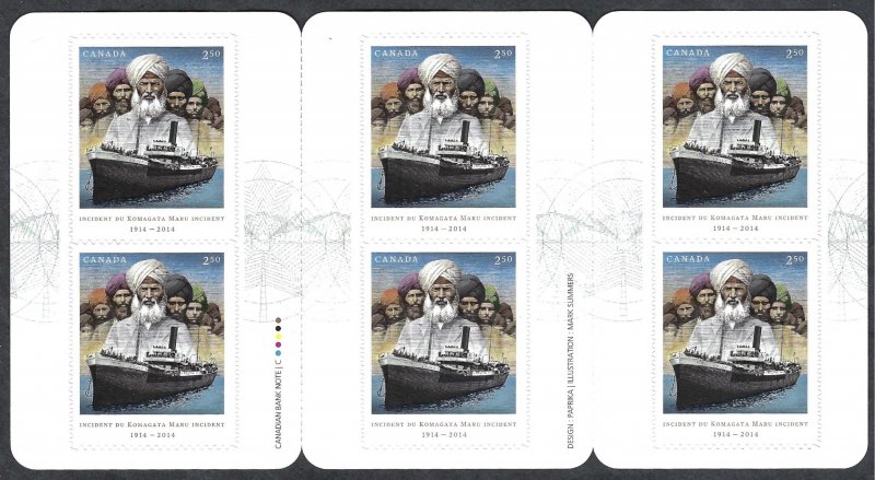 Canada #2732a $2.50 Komagata Maru Incident (2014). Booklet of 6. MNH