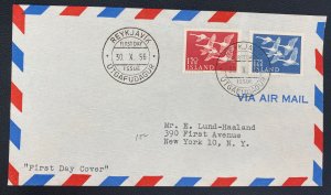 1956 Reykjavik Iceland First Day Airmail Cover FDC To New York Usa