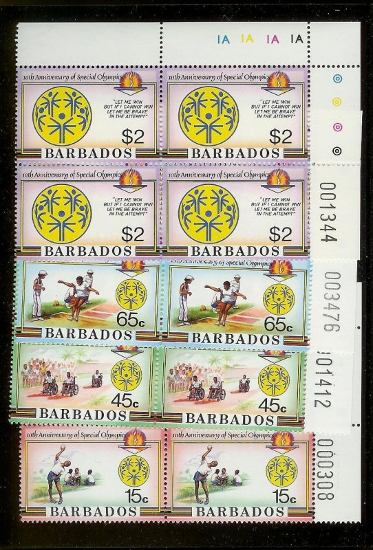 BARBADOS Sc#697-700 Complete Mint Never Hinged PLATE BLOCK Set