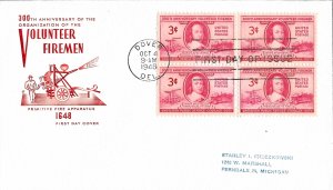 #971, 3c Volunteer Firemen, Farnam cachet, block of 4