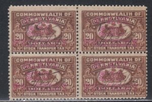 Pennsylvania $20.00 Stock Transfer  Tax Stamp, Block of Four, Used