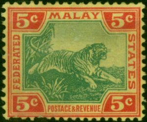 Fed of Malay States 1906 5c Grn & Carmine-Yellow SG39aw 'Crown to Right of CA...