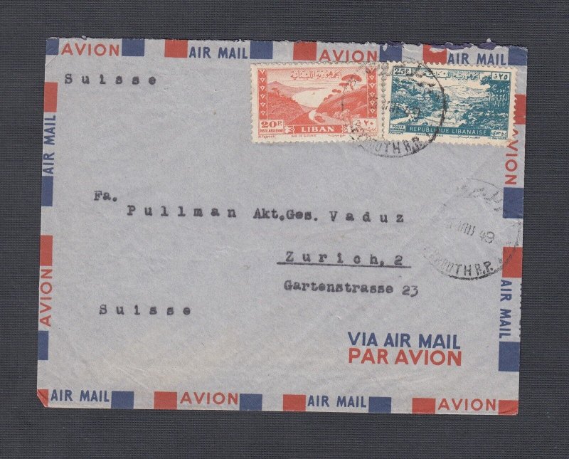 LEBANON 1948 AIRMAIL COVER BEYROUTH BEIRUT TO ZURICH SWITZERLAND