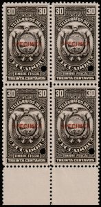 ✔️ ECUADOR 1928 FISCAL TELEGRAPH SPECIMEN & PUNCH BL/4 HISC. 91 MNH [043] RARITY
