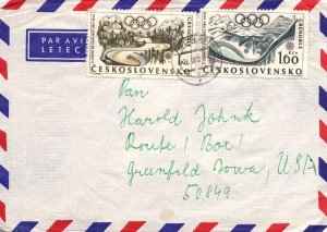 CZECHOSLOVAKIA AIRMAIL COVER FROM VODNANY TO GREENFIELD IOWA 1968 OLYMPICS