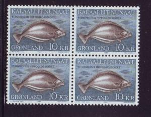 Greenland Sc 138 1985 10 kr Halibut stamp block of 4 mint NH