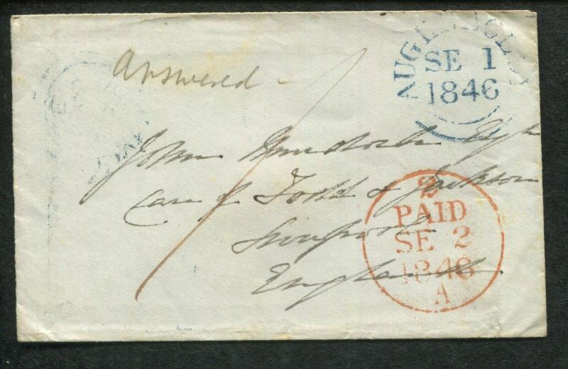 Stampless Cover - 1846 Aughnacloy N. Ireland to Liverpool England S1005