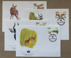 Ghana 1984 WWF Bongo -Endangered Wildlife -on 4 FDC. Scott 927-930, CV $6.75+