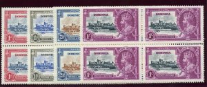 Dominica 1935 KGV Silver Jubilee set complete in blocks MNH. SG 92-95. Sc 90-93.