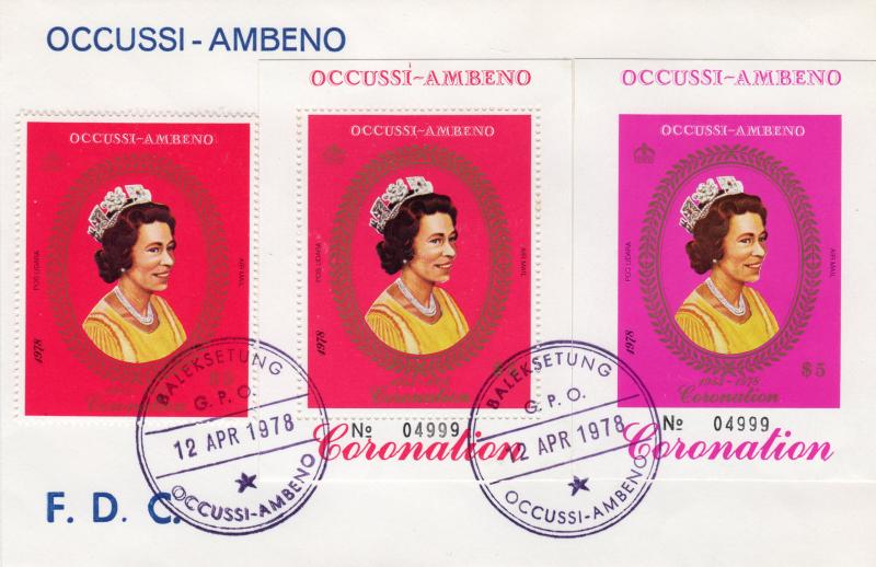 Timor (Ocussi-Ambeno) 1978 Coronation 25th.Anniv. Set+2 S/S Official FDC