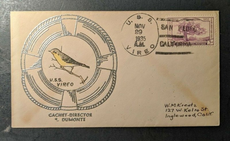 1935 USS Vireo Illustrated Cachet San Diego to Inglewood California