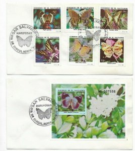 EL SALVADOR 1990 FDC BUTTERFLIES SET + SOUVENIR SHEET ON 2 FDC COVERS