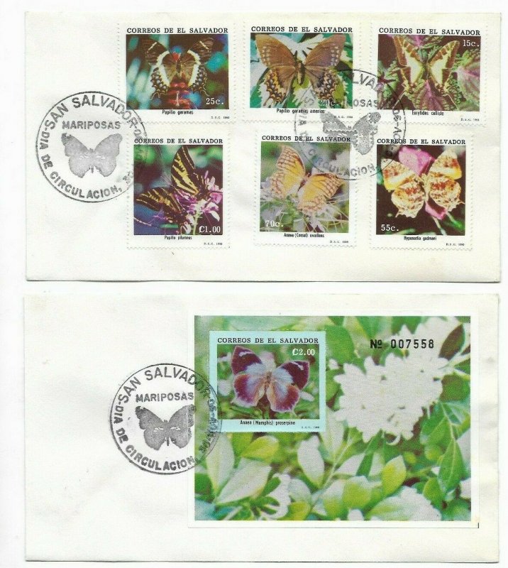 EL SALVADOR 1990 FDC BUTTERFLIES SET + SOUVENIR SHEET ON 2 FDC COVERS 