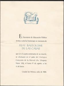 A) 1966 MEXICO, INVITATION CARD, IN MEMORY OF FRAY BARTOLOME DE LAS CASAS, PHILA