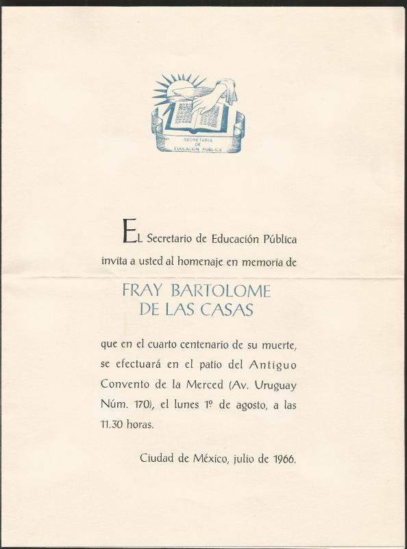 A) 1966 MEXICO, INVITATION CARD, IN MEMORY OF FRAY BARTOLOME DE LAS CASAS, PHILA