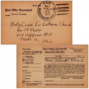 United States Ships Post Office Dept. Penalty 1953 U.S.S. Mississippi (AG 128...