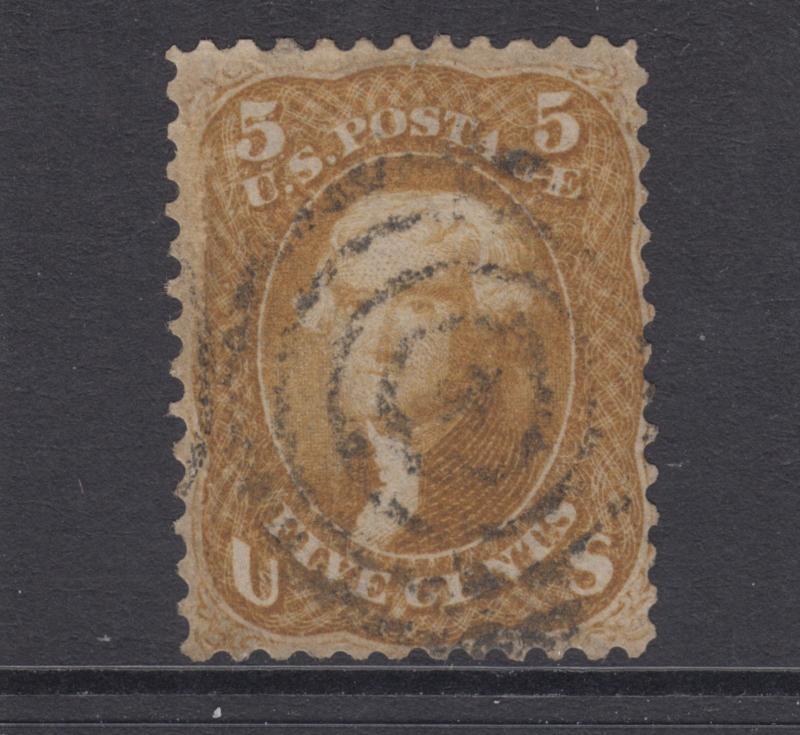 US Sc 67 used 1861 5c Jefferson, professionally repaired, F-VF appearing